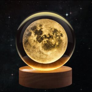 Flexzion 3D Moon Crystal Night Light Lamp Warm LED Glow with Wooden Base for Bedroom, Living Room & Gifting