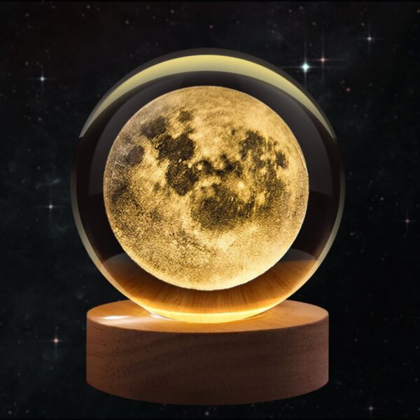 Flexzion 3D Moon Crystal Night Light Lamp Warm LED Glow with Wooden Base for Bedroom, Living Room & Gifting